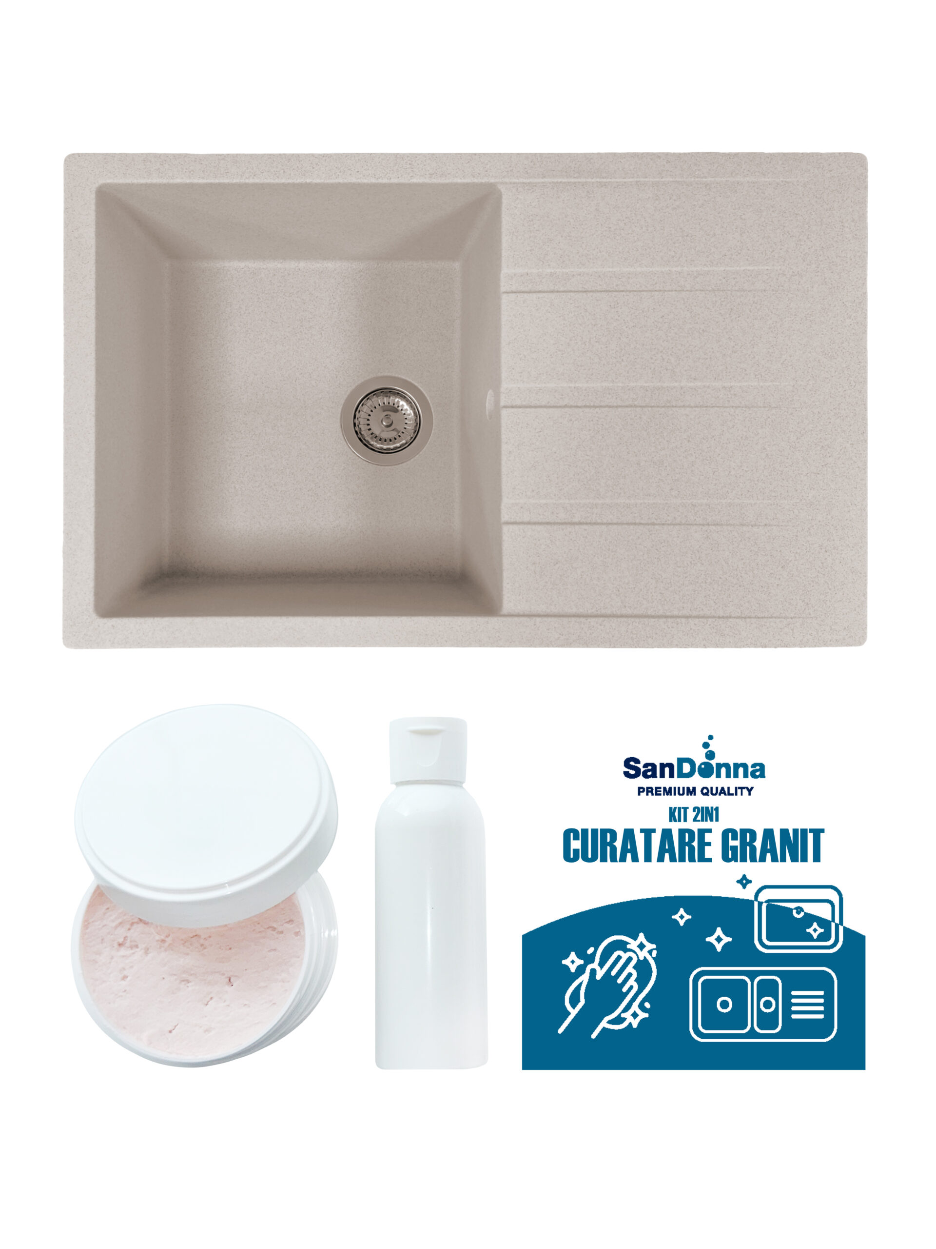 SET Chiuveta din granit compozit SanDonna Paullina + Kit de curatare 2in1 format din pasta si ulei impregnant - Bej SET Chiuveta din granit compozit SanDonna Paullina + Kit de curatare 2in1 format din pasta si ulei impregnant - Bej