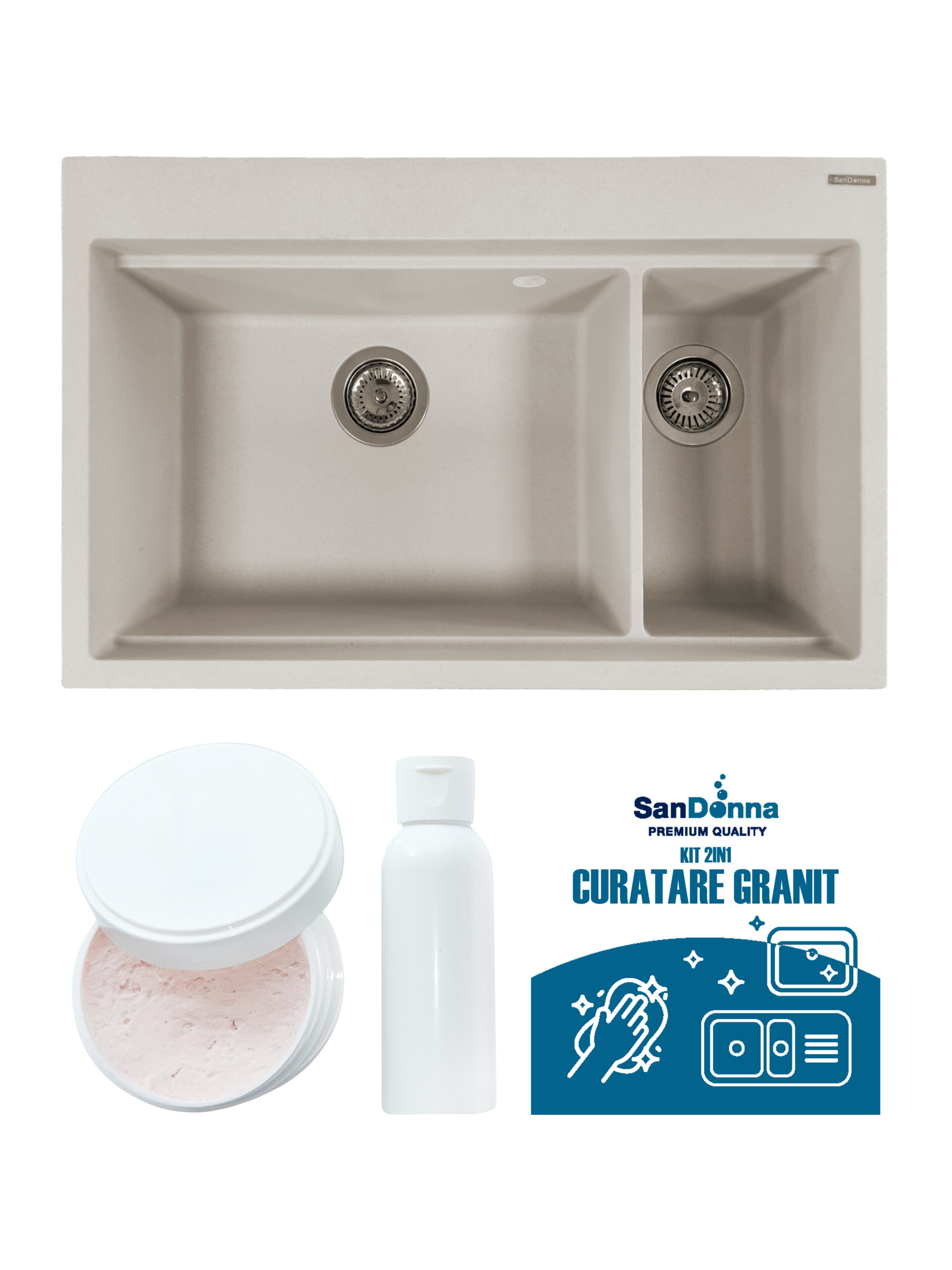 SET Chiuveta din granit compozit SanDonna Magdalena + Kit de curatare 2in1 format din pasta si ulei impregnant - Bej SET Chiuveta din granit compozit SanDonna Magdalena + Kit de curatare 2in1 format din pasta si ulei impregnant - Bej