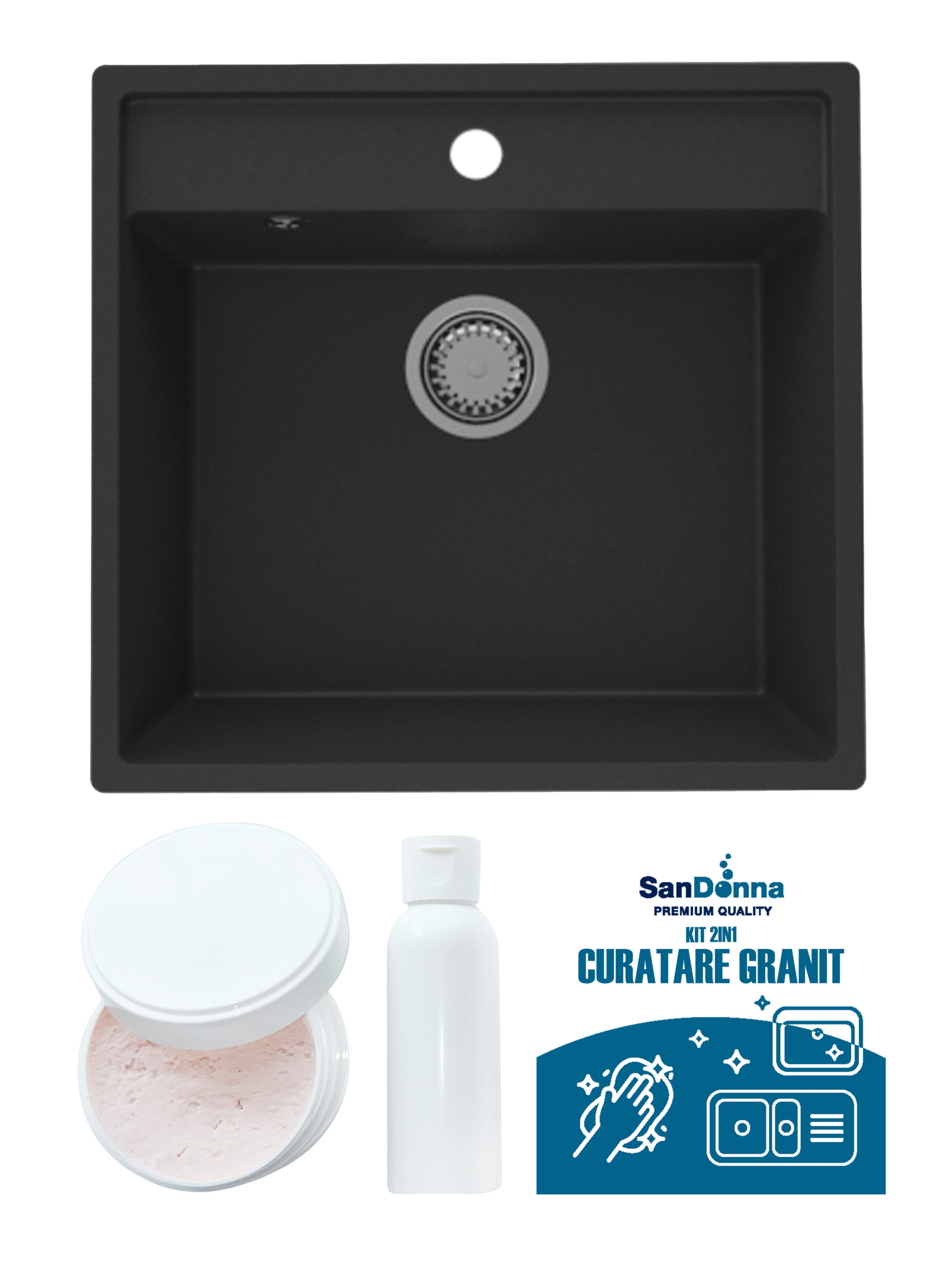 SET Chiuveta din granit compozit SanDonna Selena + Kit de curatare 2in1 format din pasta si ulei impregnant - Negru SET Chiuveta din granit compozit SanDonna Selena + Kit de curatare 2in1 format din pasta si ulei impregnant - Negru