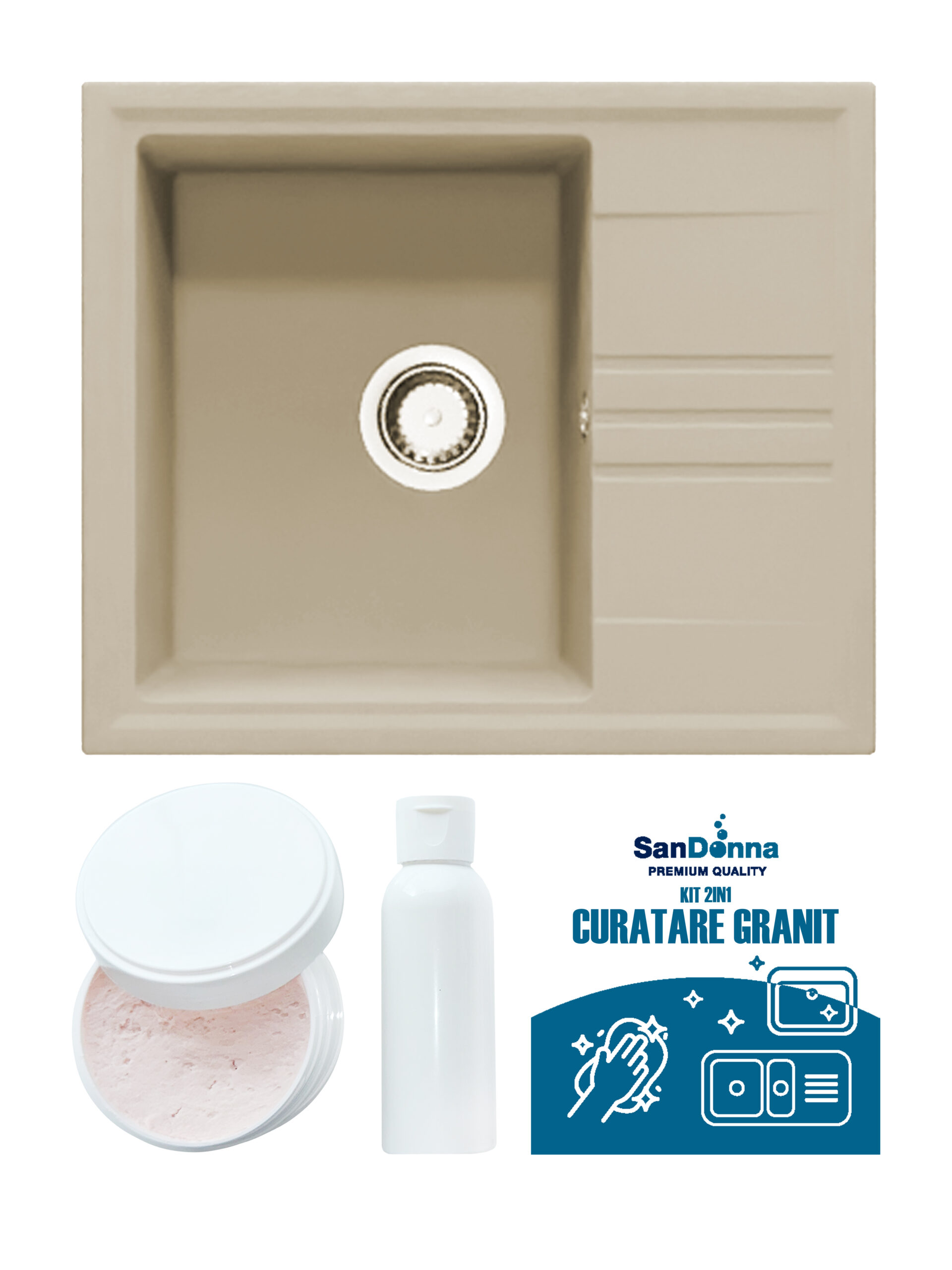 SET Chiuveta din granit compozit SanDonna Alina + Kit de curatare 2in1 format din pasta si ulei impregnant - Bej SET Chiuveta din granit compozit SanDonna Alina + Kit de curatare 2in1 format din pasta si ulei impregnant - Bej