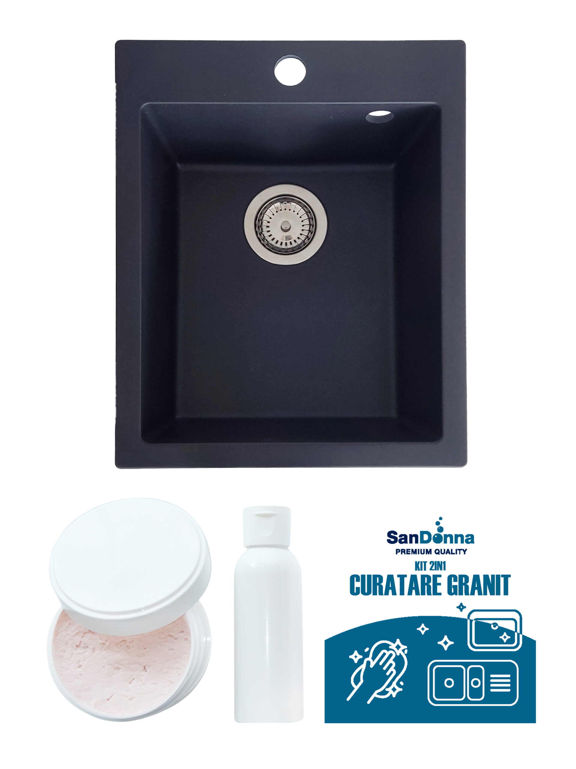 SET Chiuveta din granit compozit SanDonna Vesta + Kit de curatare 2in1 format din pasta si ulei impregnant - Negru SET Chiuveta din granit compozit SanDonna Vesta + Kit de curatare 2in1 format din pasta si ulei impregnant - Negru