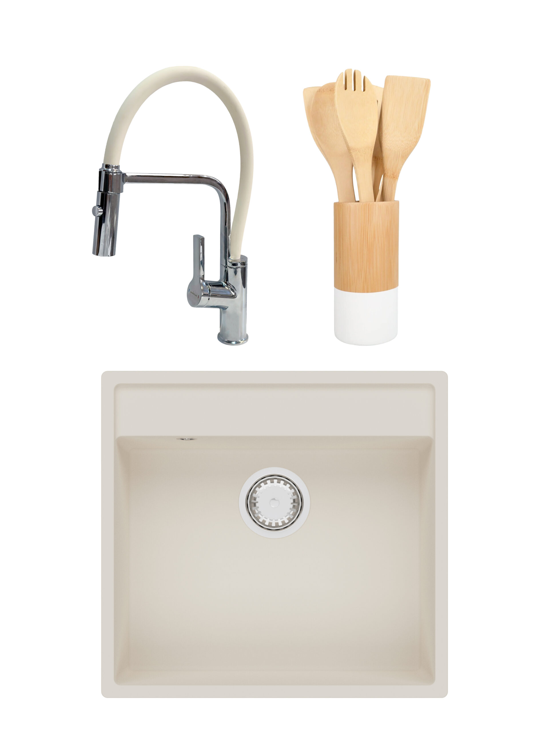 SET Chiuveta granit compozit SanDonna Emma bej + Baterie flexibila Andra bej + ustensile de bucatarie din bambus SET Chiuveta granit compozit SanDonna Emma bej + Baterie flexibila Andra bej + ustensile de bucatarie din bambus