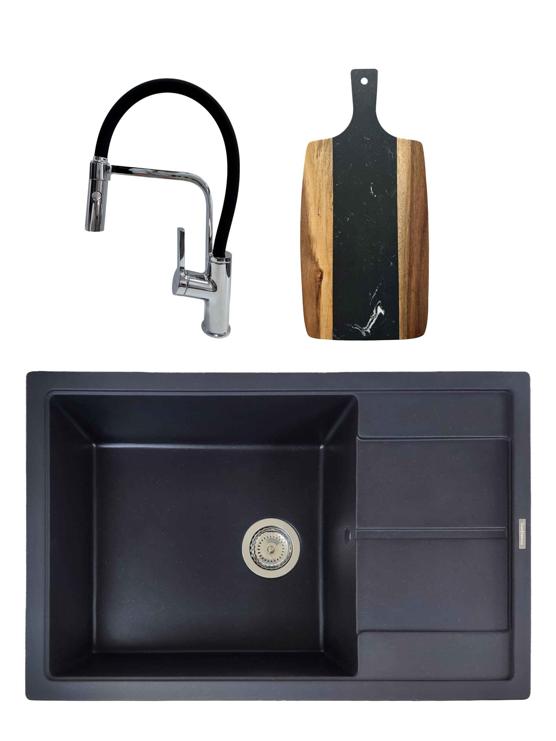 SET Chiuveta granit compozit SanDonna Ewelina + Baterie flexibila Andra negru + tocator din marmura si lemn negru cu maner SET Chiuveta granit compozit SanDonna Ewelina + Baterie flexibila Andra negru + tocator din marmura si lemn negru cu maner
