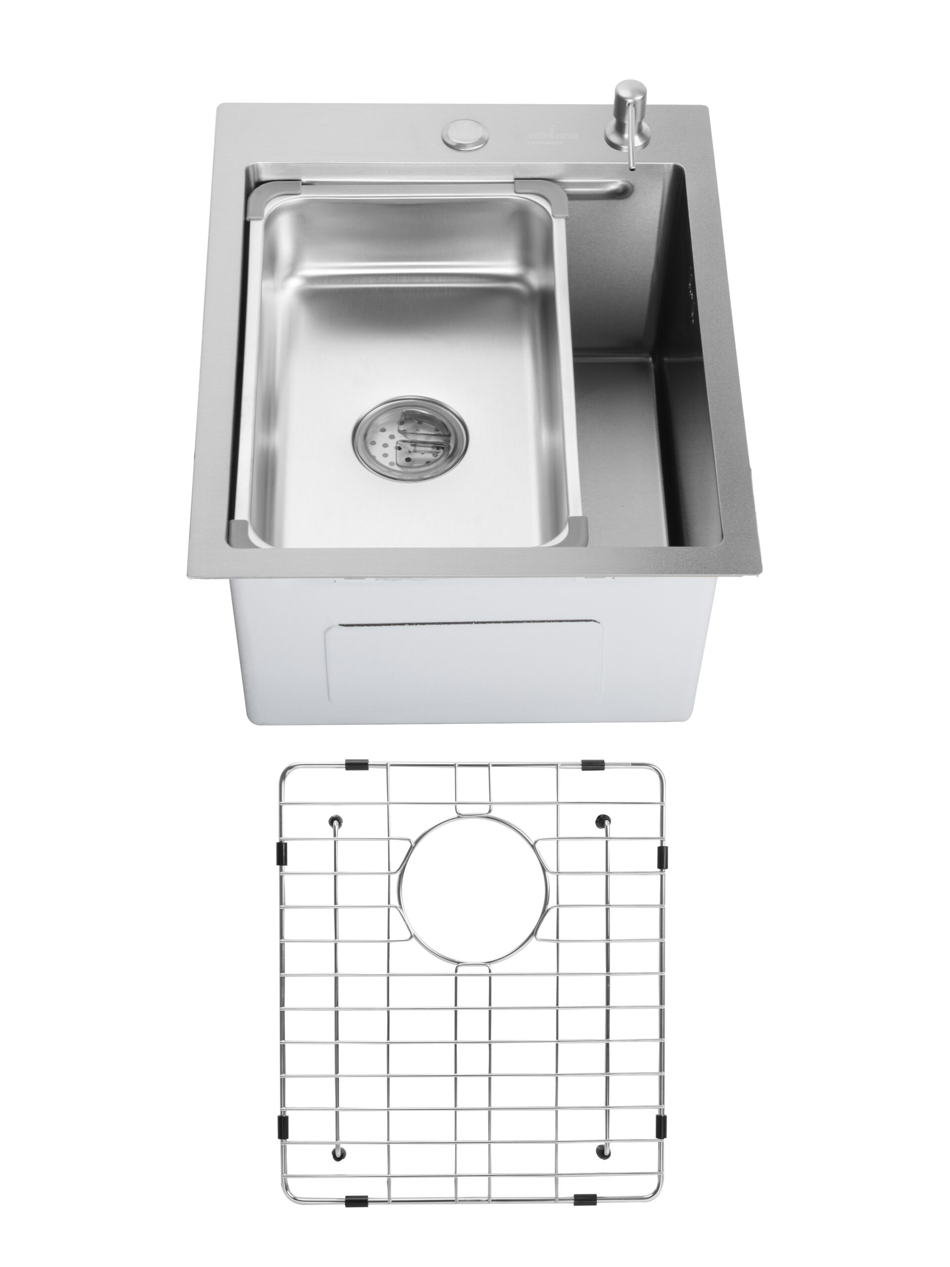 SET Chiuveta din inox SanDonna HD4050 cu tavita si dozator + gratar de protectie din inox pentru cuva - Inox SET Chiuveta din inox SanDonna HD4050 cu tavita si dozator + gratar de protectie din inox pentru cuva - Inox