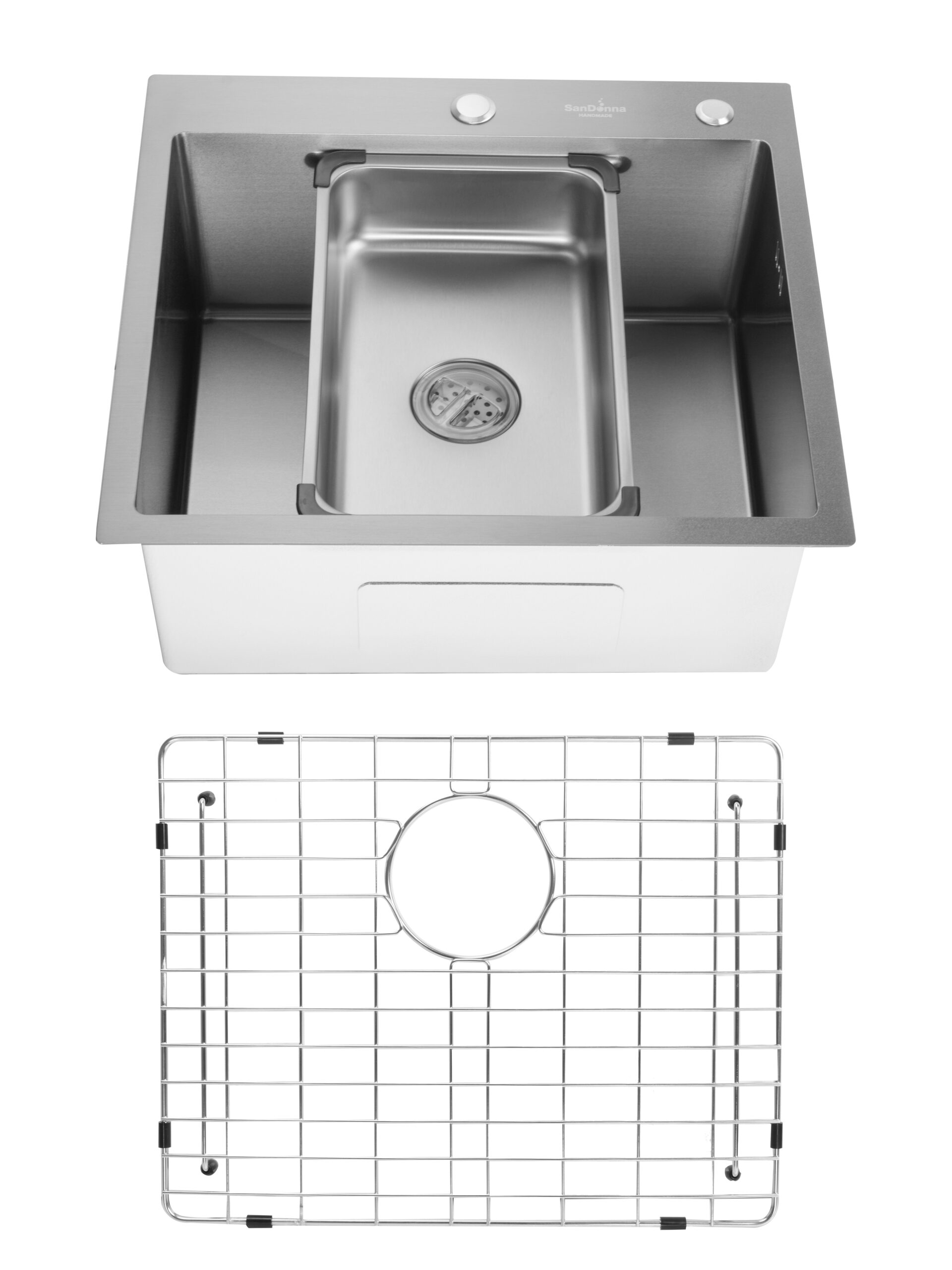SET Chiuveta din inox SanDonna HD5550 cu tavita si dozator + gratar de protectie din inox pentru cuva - Inox SET Chiuveta din inox SanDonna HD5550 cu tavita si dozator + gratar de protectie din inox pentru cuva - Inox