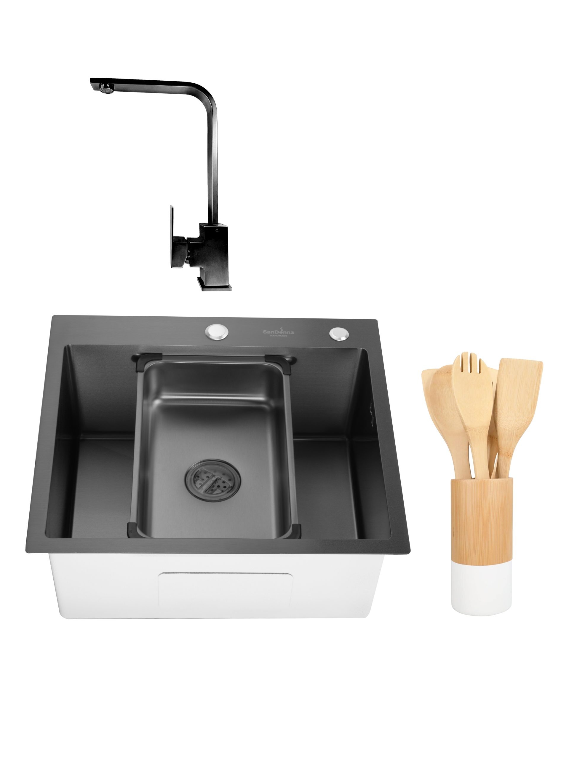 Chiuveta de bucatarie handmade Sandonna HD5550 cu tavita si dozator incluse + Baterie Nera pivotanta + set ustensile pentru gatit - Negru Chiuveta de bucatarie handmade Sandonna HD5550 cu tavita si dozator incluse + Baterie Nera pivotanta + set ustensile pentru gatit - Negru