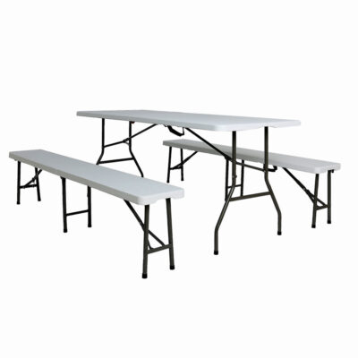 Set masa pliabila 4 persoane din otel cu HDPE 180x70x74 cm + doua banci pliabile din otel si HDPE 183x28x43cm