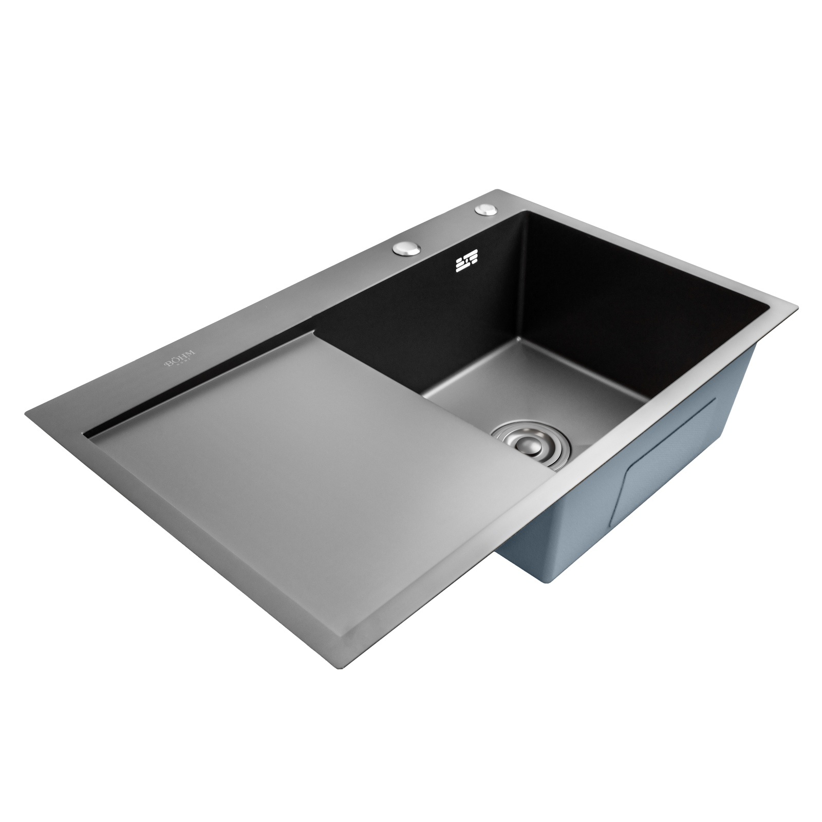 chiuveta-bucatarie-bohm-bh7849rba-inox-alimentar-sus304-780-x-490-x109819590 Chiuveta bucatarie BÖHM BH7849RBA, inox alimentar SUS304, 780 x 490 x 220 mm, finisaj Negru, picurator stanga, sifon inclus - imagine 1